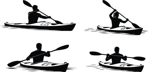 Black Silhouette Vector Illustration Set of People Kayaking and Paddling on Water for Summer Adventure Outdoor Sports and Nature Lake Activity Designs © MOSTSUMAIYA