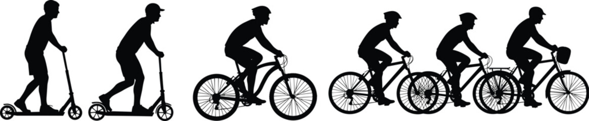 Fototapeta premium People riding scooter and bicycle silhouette sequence showing urban transportation evolution eco friendly commuting lifestyle illustration concept