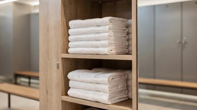 Focused medium shot of folded white towels stacked on wooden shelves with outoffocus benches and lockers framing the serene atmosphere in a upscale locker room.