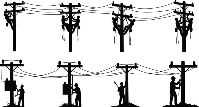 Silhouette of electrical line workers repairing power lines on utility poles, electricity maintenance and energy distribution safety concept
