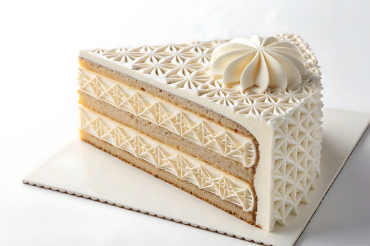 Ultra-modern conceptual cake slice with impossible geometry, clean white background, hyper-detailed