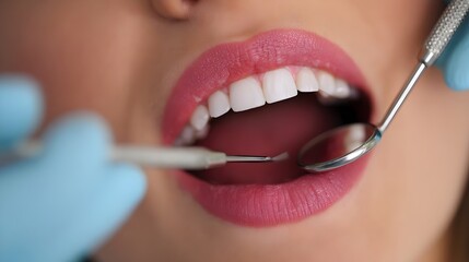 Naklejka premium Close-up of a female patient receiving a dental examination by a specialist. Concept: Dental care, oral health, medical professionalism, preventive healthcare