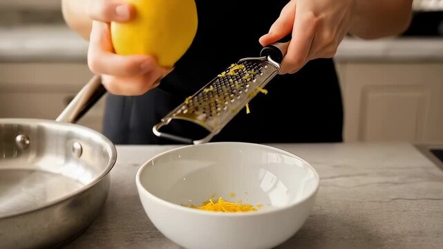 Lemon zest preparation, Fresh citrus zest in natural light, Grating lemon zest over bowl in daylight ambiance, Using natural light to grate lemon zest into white bowl for cooking