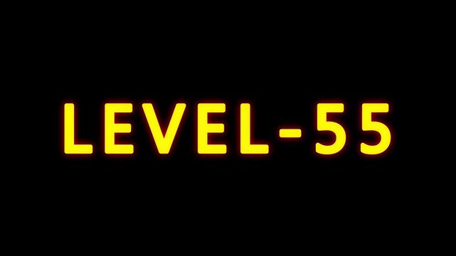 LEVEL 3 text animation on black background. typography ideal for gaming progress, level 55 text bounce animation with glow effect.