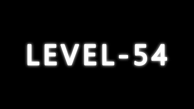 LEVEL 54 text animation on black background. typography ideal for gaming progress, level 54 text bounce animation with glow effect.