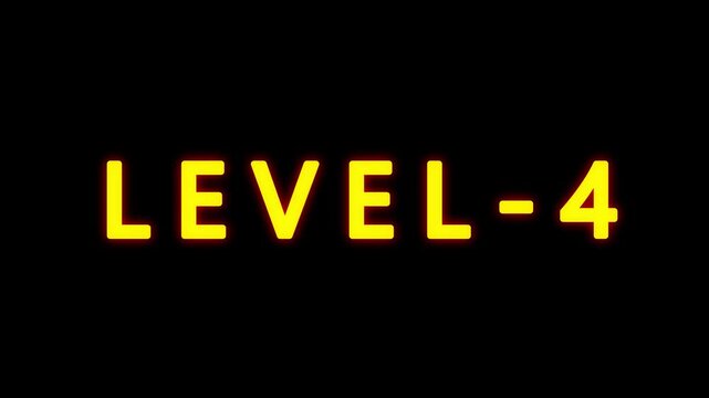 LEVEL 4 text animation on black background. typography ideal for gaming progress, level 4 text bounce animation with glow effect.