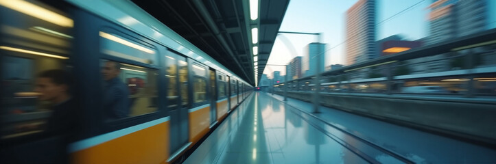 Urban subway station with commuters waiting and trains in motion. Subway environment features sleek trains arriving and departing while cityscape glimmers at dusk.