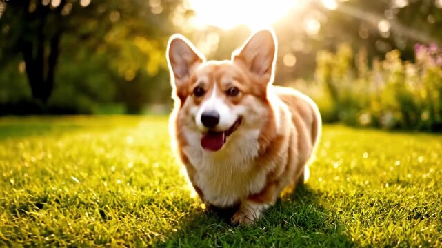 Happy Corgi Dog Walking in the Green Grass Under the Sun.