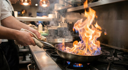A chef in a professional kitchen flamb&eacute;ing food in a frying pan with a large, vibrant flame on a gas stove.