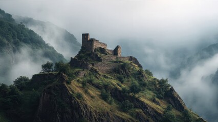Obraz premium Ancient Castle Ruins on Misty Mountain Peak