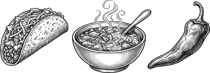 Mexican food set collection featuring taco soup bowl and chili pepper in vintage woodcut engraving sketch style © MRSTOCK LAB