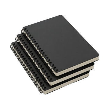 Stack of blank black spiral notebooks isolated on transparent background