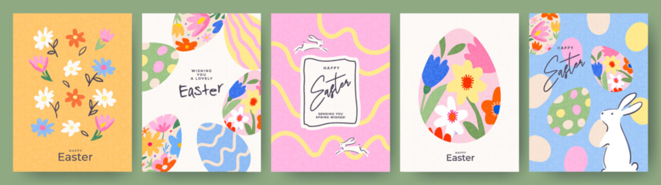 Happy Easter set of greeting cards, posters, holiday covers. Trendy design templates with typography, hand drawn Easter eggs and bunny, spring flowers, polka dots and stripes in pastel colors.