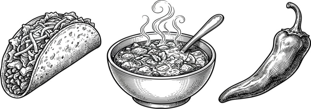 Mexican food set collection featuring taco soup bowl and chili pepper in vintage woodcut engraving sketch style