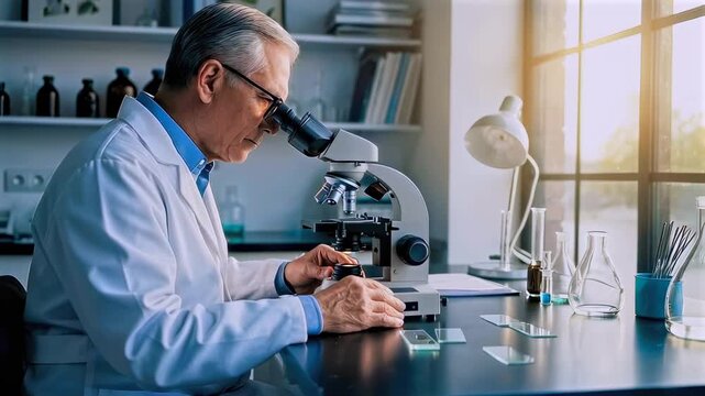 Pathologist reviews blood sample carefully, Medical professional analyzes blood slide with precision, Laboratory specialist inspects blood sample through microscope peacefully