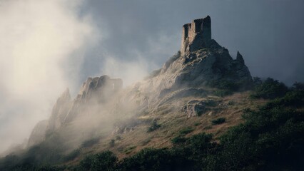 Obraz premium Castle ruins shrouded in mountain mist