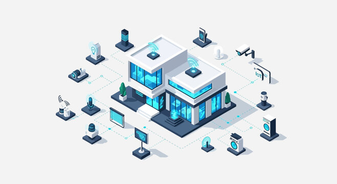 Isometric Smart Building with Connected Devices and Technology.
