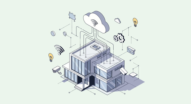 Isometric Smart Home Automation System with Cloud Connectivity and IoT Devices.