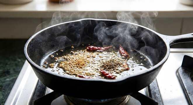 Close-up of aromatic spices like whole red chilies, cumin, and coriander seeds sizzling in hot oil within a black cast iron pan on a gas stove, releasing steam.