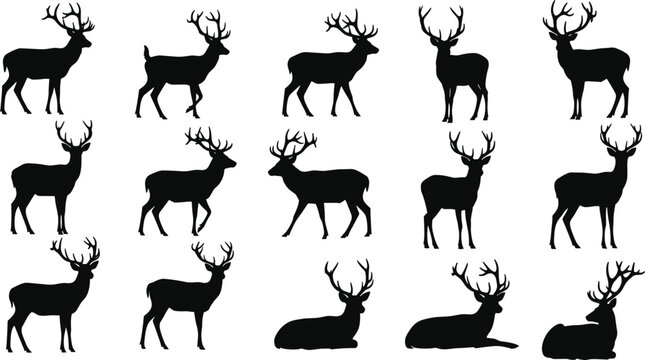 Black deer silhouette vector set featuring buck antlers, reindeer stencils, forest wildlife animals for hunting logos, christmas winter designs, and nature