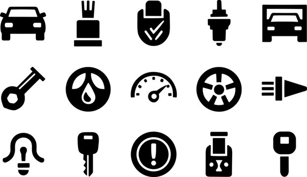 Car dashboard warning light icons set including brake, seatbelt, spark plug, oil, tire pressure, and general alert symbols