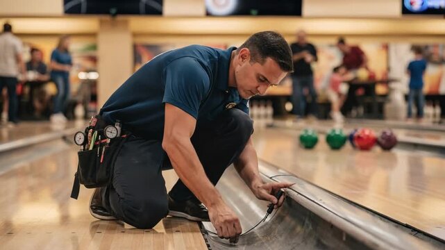 Focused shot on a specialist inspecting lane gutters closely the surrounding lanes and bowling balls softly blurred during lively family hours.