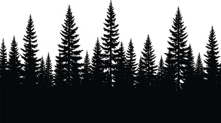Fototapeta premium Black pine forest silhouette, coniferous tree landscape border, evergreen spruce and fir woods vector, wild nature timberland scenery, outdoor mountain background.