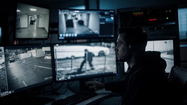 Deep focus on a night shift surveillance technician reviewing suspicious activity on screens with other camera feeds softly blurred in the background.
