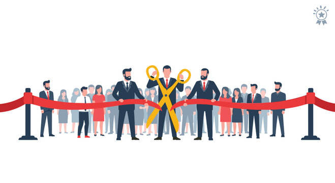 Grand opening ceremony featuring a diverse group of business professionals celebrating a significant milestone, with