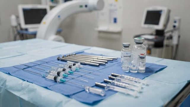 Close medium shot highlighting spinal injection needles and setup on fluoroscopy table with ambient clinic equipment blurred in background.