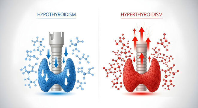 This illustration visually compares hypothyroidism characterized by underactive thyroid function with hyperthyroidism depicting overactivity high quality professional detailed modern elegant stylish 