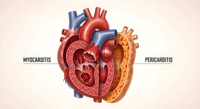 This detailed illustration showcases a cross section of the human heart highlighting myocarditis and pericarditis inflammation areas high quality professional modern elegant stylish clean