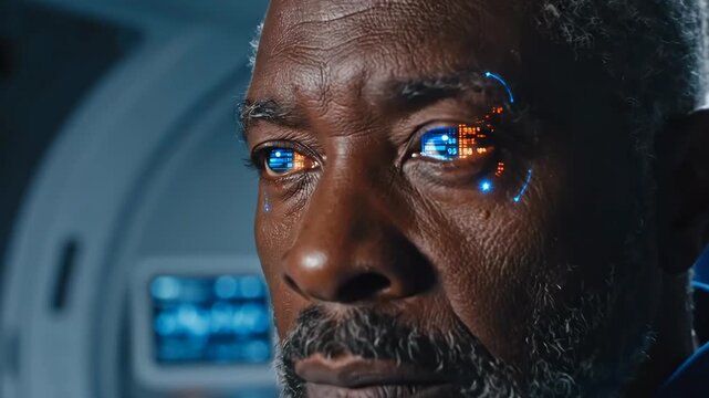 black commander studies holographic mission display inside capsule cockpit, blue cybernetic eye overlays reflect telemetry and analytics, thoughtful veteran pilot assessing endurance systems