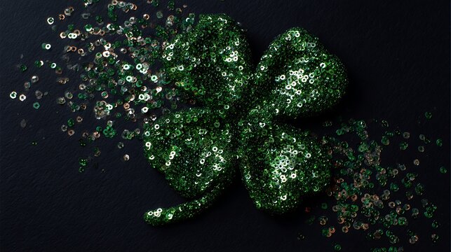 A shimmering four leaf clover formed from vibrant green glitter particles