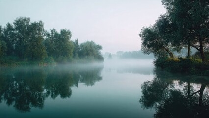 Obraz premium Foggy River Landscape with Reflections