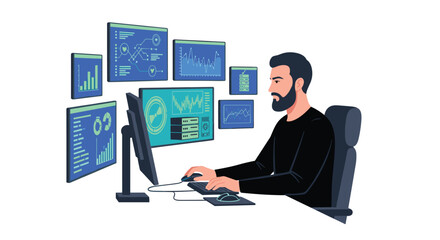 Fototapeta premium Bearded man intently analyzing complex data on multiple computer screens, surrounded by charts and graphs, showcasing