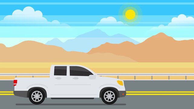 pickup truck  on the desert road highway landscape background 2d motion graphics video fotage 