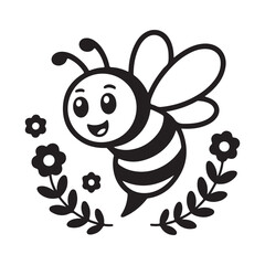 Cute cartoon bee with happy expression flying around small flowers, vector illustration for children's books and nature themes