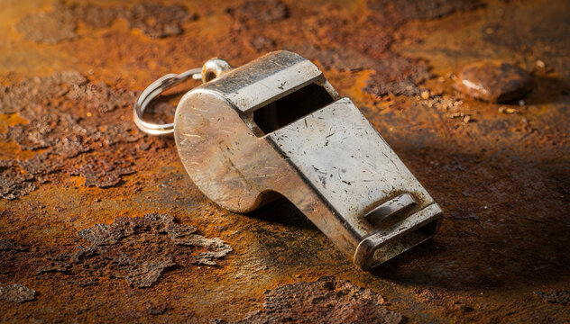 Weathered Metal Whistle on Rustic Surface: A Study in Texture and Tone for Industrial, Nostalgic, or Safety-Related Concepts on Aged Surface With Dramatic Shadows