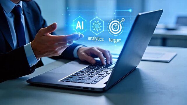 Businessman working on laptop with AI graphics