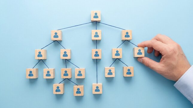 Organizational network structure with connected people icons on wooden blocks, showing team collaboration, stakeholder mapping, on a light background