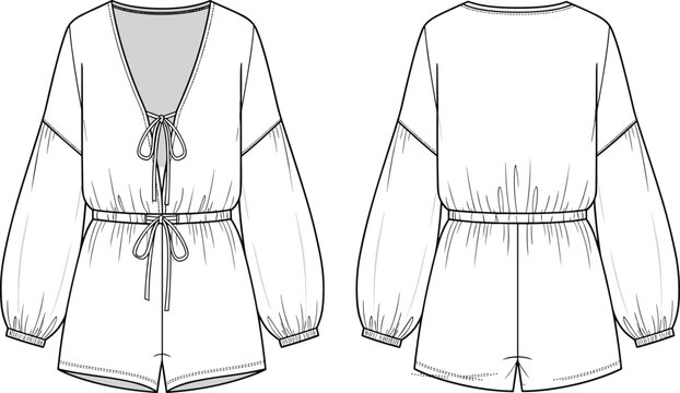 Technical fashion illustration of women's romper with puff sleeves, tie neckline, cinched waist, and flared shorts design.
