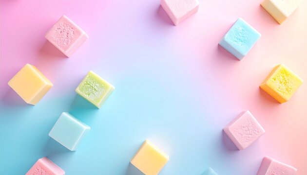 Sweet pastel candy cubes scattered on a soft pink and blue gradient background, perfect for desserts, childhood, or festive themes.