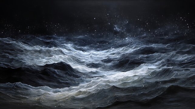 Celestial ripple field, smooth undulating waves carrying starlight across deep space, moody and ethereal aesthetic, 