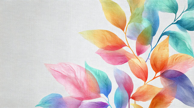 Vibrant, translucent skeleton leaves in pastel tones rest elegantly on a textured white linen surface, showcasing intricate vein patterns and a soft, ethereal watercolor aesthetic.
