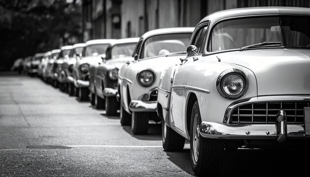 Long line of classic vintage automobiles parked on a city street in black and white, evoking nostalgia and retro style.
