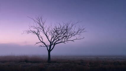 Lone Tree in Misty Field