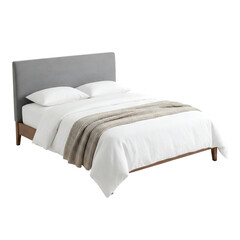 Fototapeta premium Comfortable Bed with Gray Headboard and White Linens, Isolated on Transparent Background