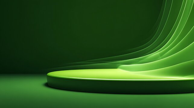 Abstract green geometric form with a glowing layered curved pedestal