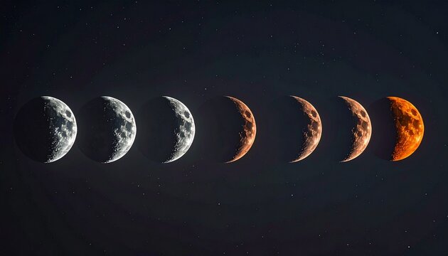 Stunning lunar eclipse phases sequence across dark night sky with twinkling stars, showing celestial transformation